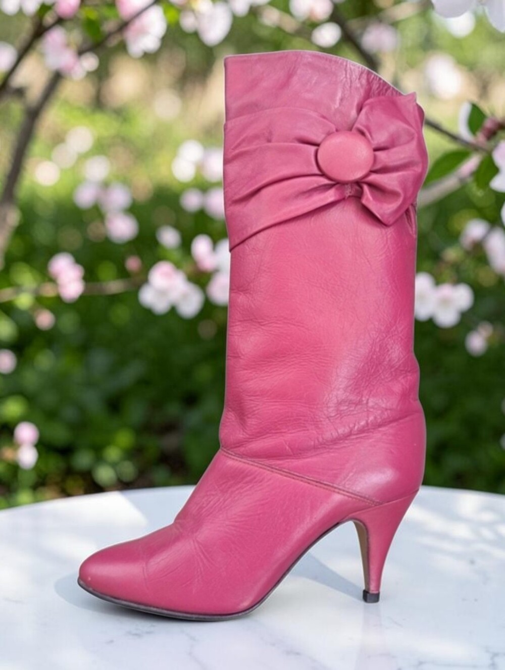 Vintage 80s Pink Leather Slouchy Boots Made In Canada Bow Detail Sz 6